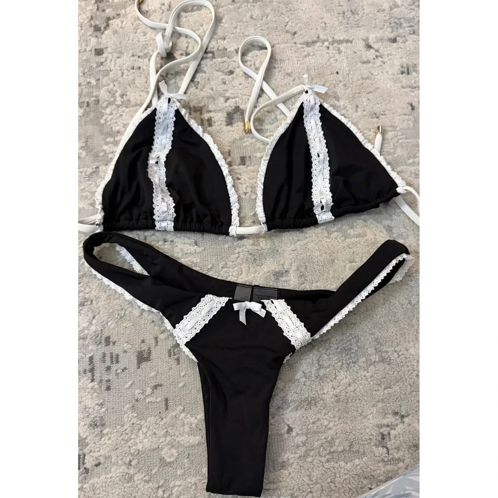 Beach Bunny Swimwear Black White Lace Ribbon Bikini Set Top XL Bottom XS rare